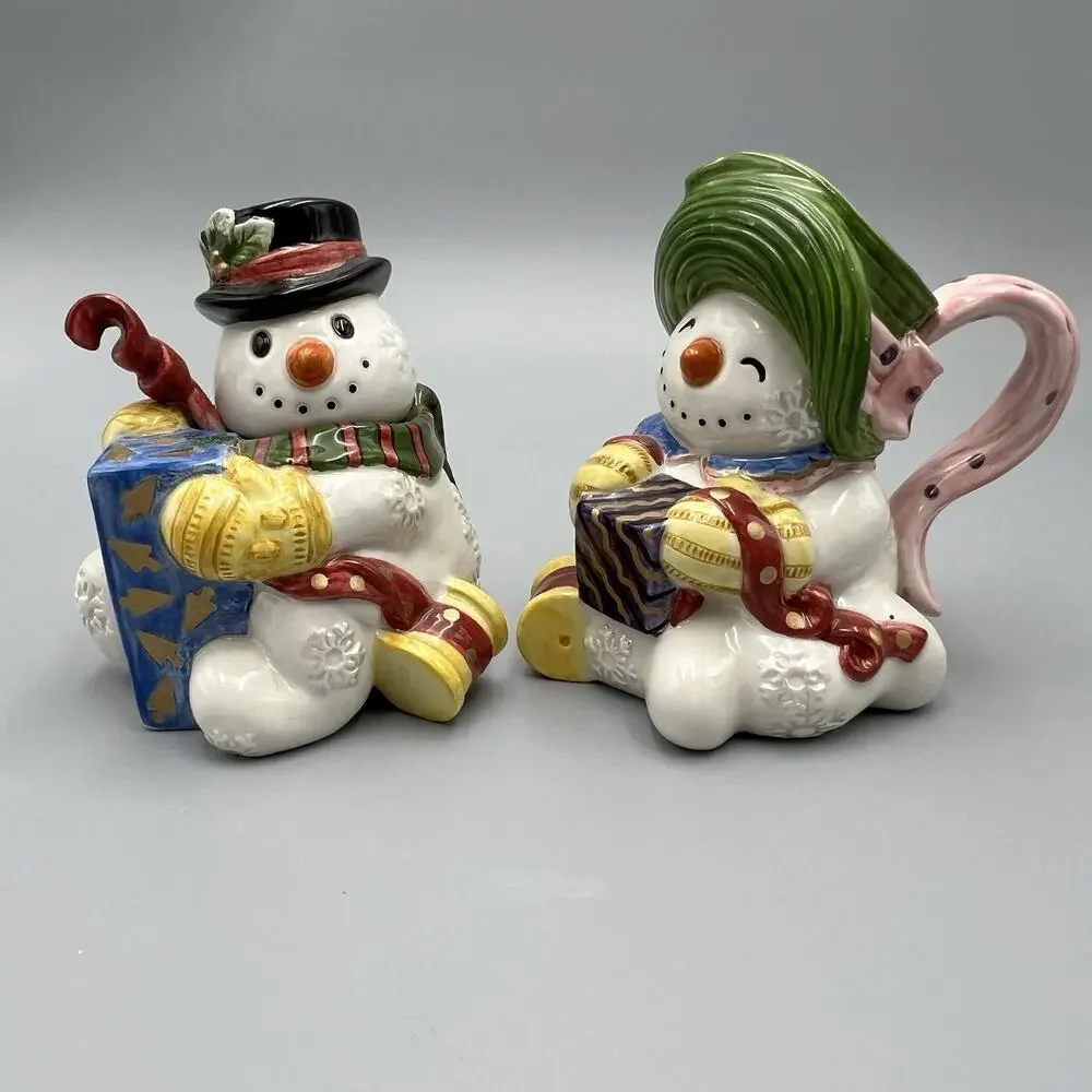 VTG Fitz & Floyd Frosty Folks Creamer Sugar‎ Spoon Set 90s Christmas Snowman